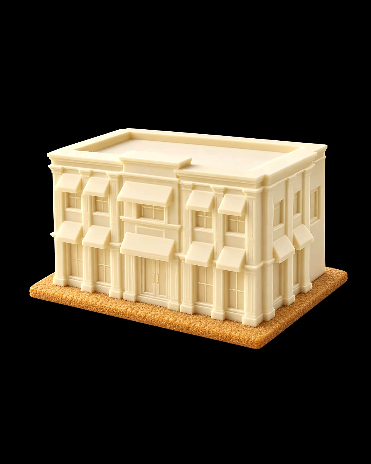 La pièce finie&nbsp;: un bâtiment sculpté en chocolat blanc