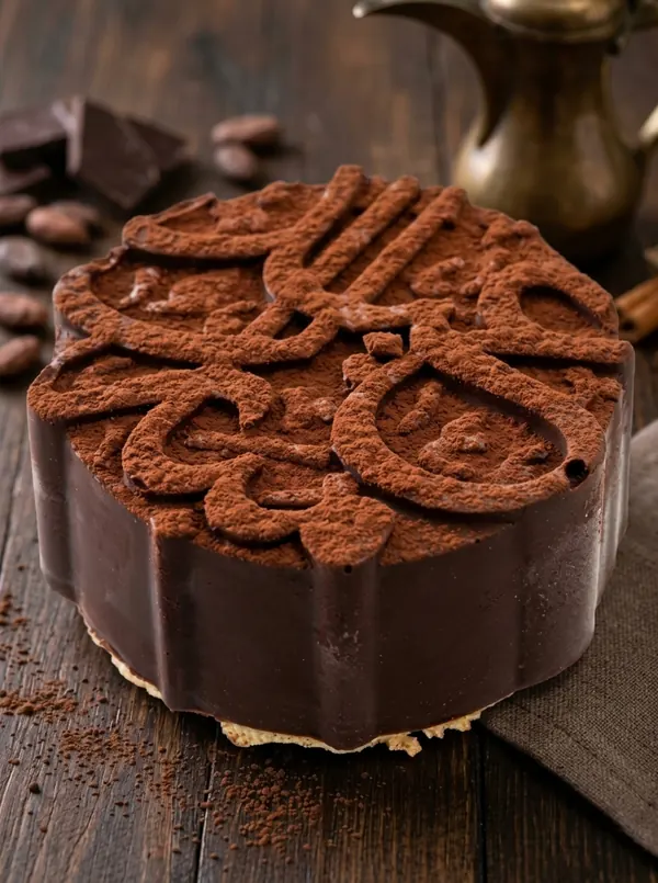 Entremets au chocolat, calligraphie «&nbsp;Aïd Moubarak&nbsp;» en relief, poudré de cacao