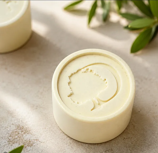 Pièce ronde couleur crème avec un logo en relief