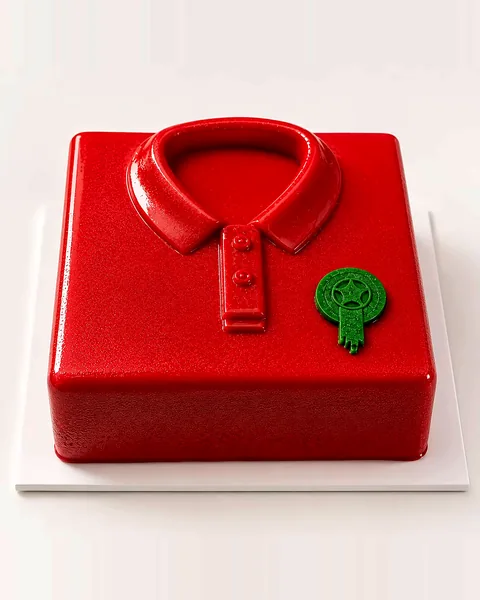 Entremets rouge en forme de polo, avec un écusson vert