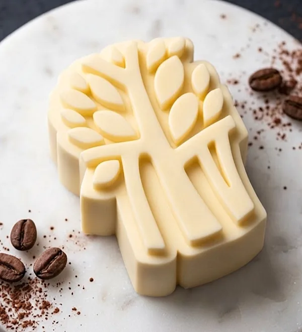 Logo en forme d’arbre, en chocolat blanc, entouré de grains de café